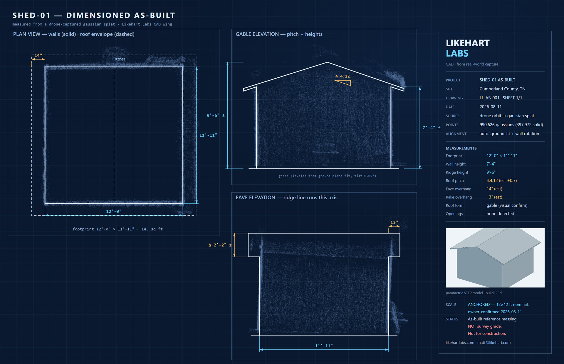 Dimensioned as-built drawing of a shed, drafted over the real drone point cloud